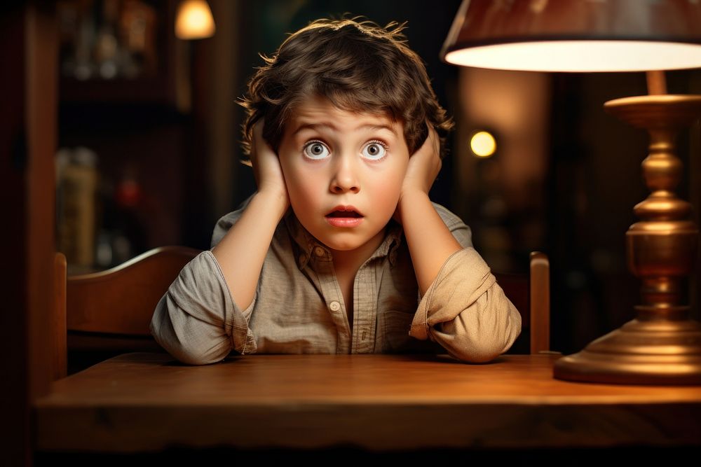 Surprised kid sitting at table portrait photo lamp. AI generated Image by rawpixel.