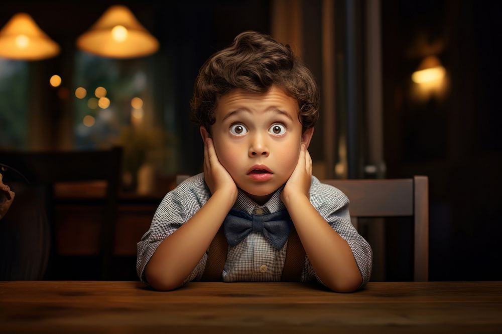 Surprised kid sitting at table portrait child photo. AI generated Image by rawpixel.