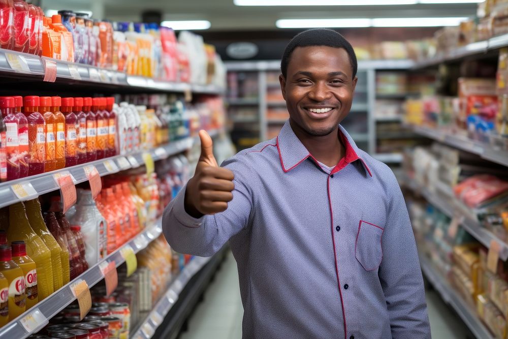 Positive african female sale man posing proudly in cosmetic supermarket given a thumbs up refrigerator consumerism…