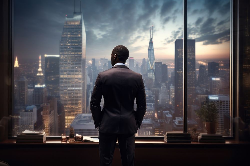 Thoughtful African Businessman in a Perfect Tailored Suit Standing in His Office Looking out of the Window on Big City…