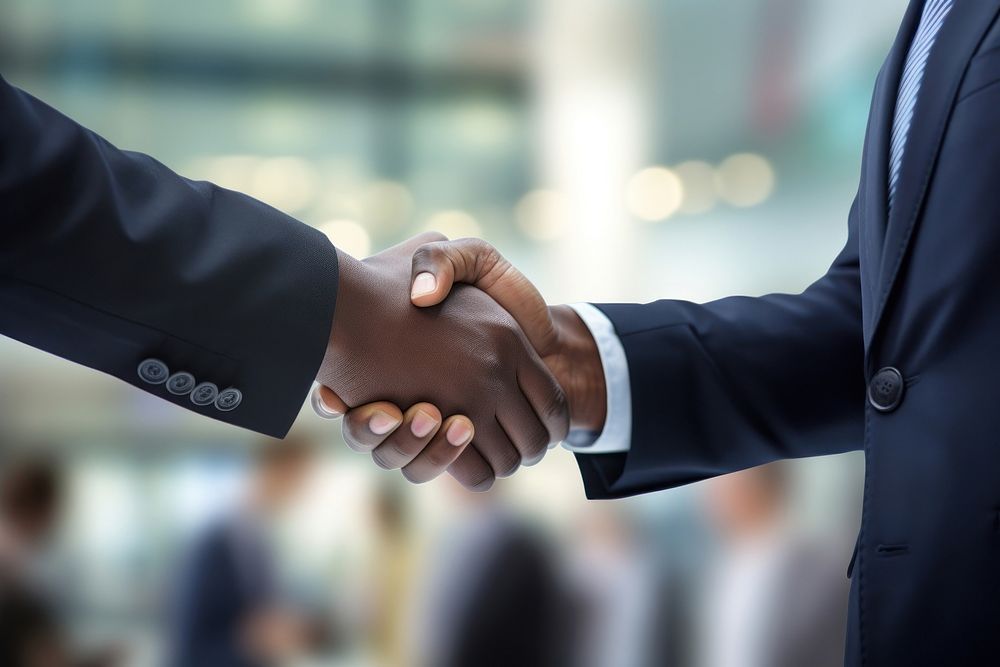 Two african businessmen shaking hands in an office handshake adult agreement. AI generated Image by rawpixel.