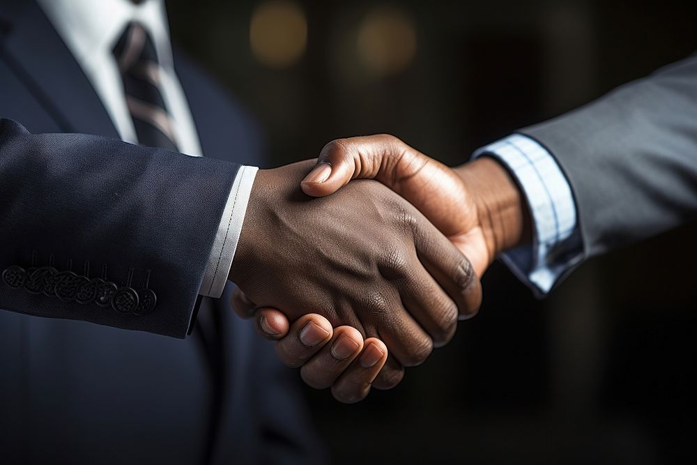 Two african businessmen shaking hands in an office handshake black accessories. AI generated Image by rawpixel.