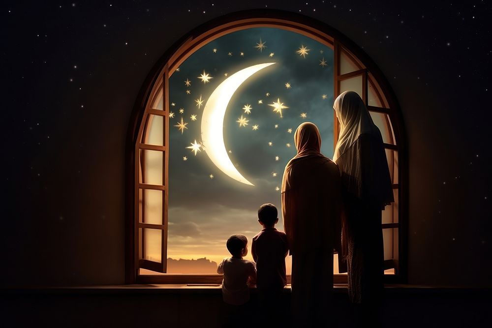 Ramadan moon astronomy family. AI generated Image by rawpixel.