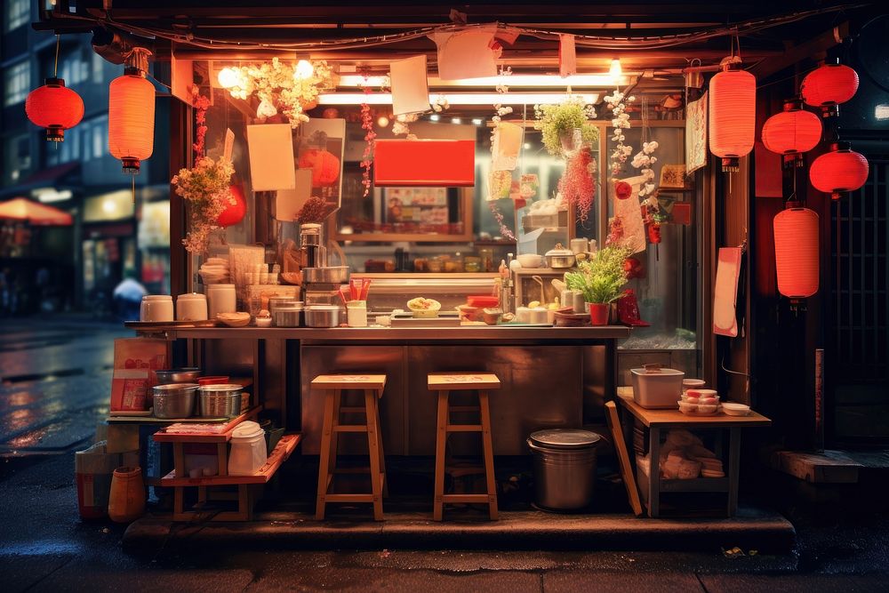 Ramen stall restaurant city advertisement. AI generated Image by rawpixel.