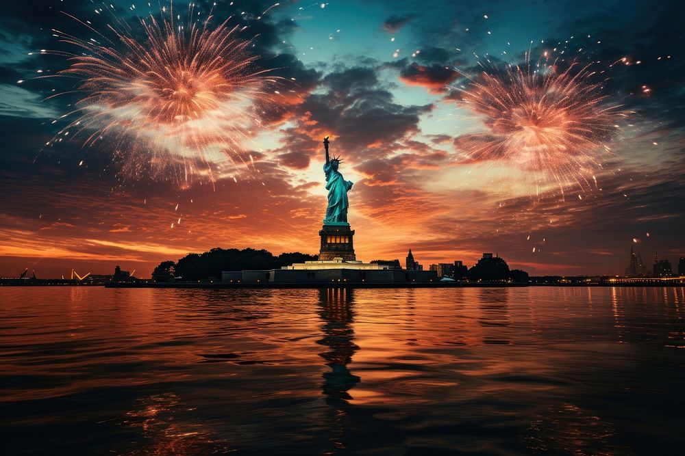 4th of July fireworks statue city. AI generated Image by rawpixel.