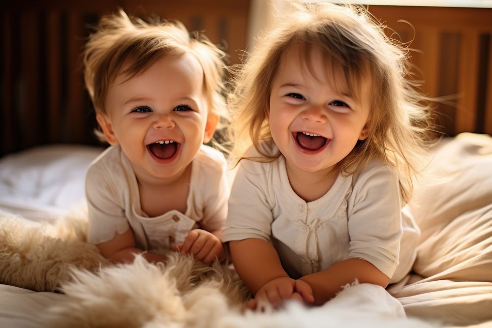 2 smiling cute babies laughing bedroom child. AI generated Image by rawpixel.