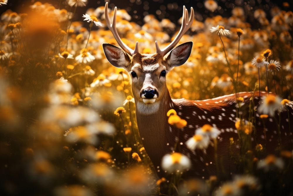 Deer in large daisy garden blackground wildlife animal mammal. AI generated Image by rawpixel.