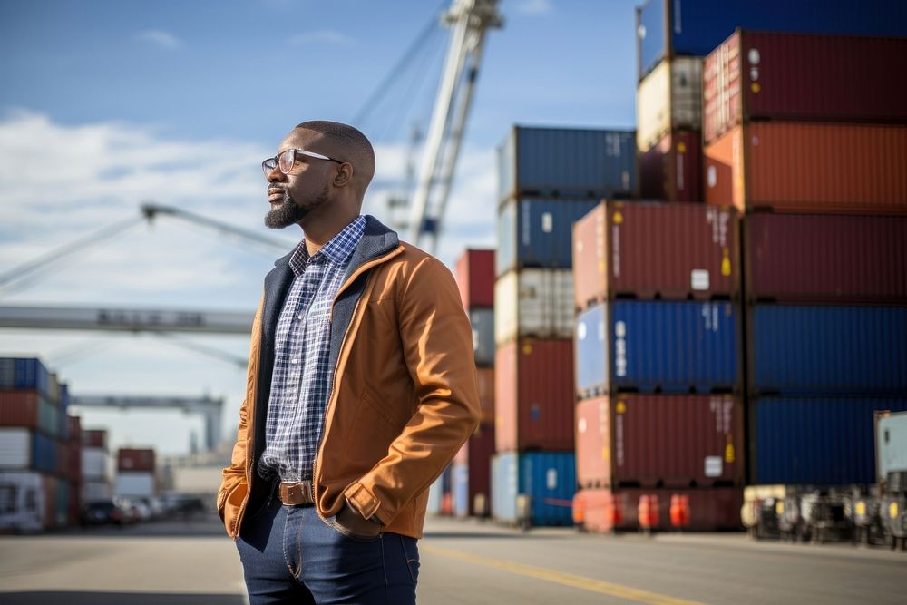 African business owner man container shipping vehicle. AI generated Image by rawpixel.
