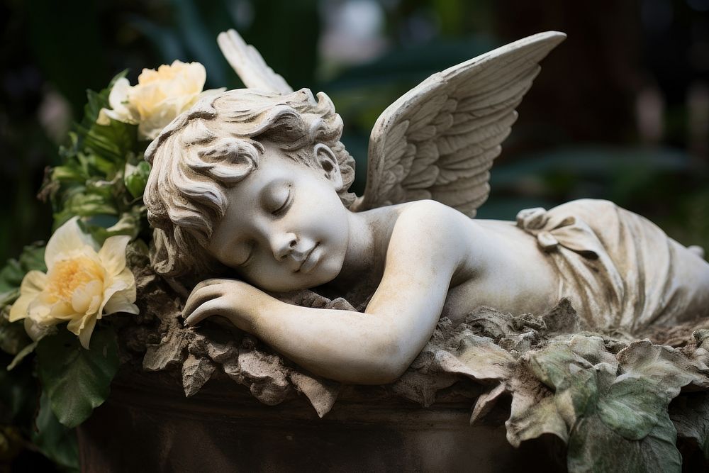 Cherub angel sculpture flower. AI generated Image by rawpixel.