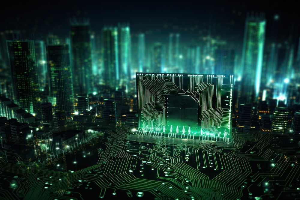 Smart city architecture building circuit board. AI generated Image by rawpixel.