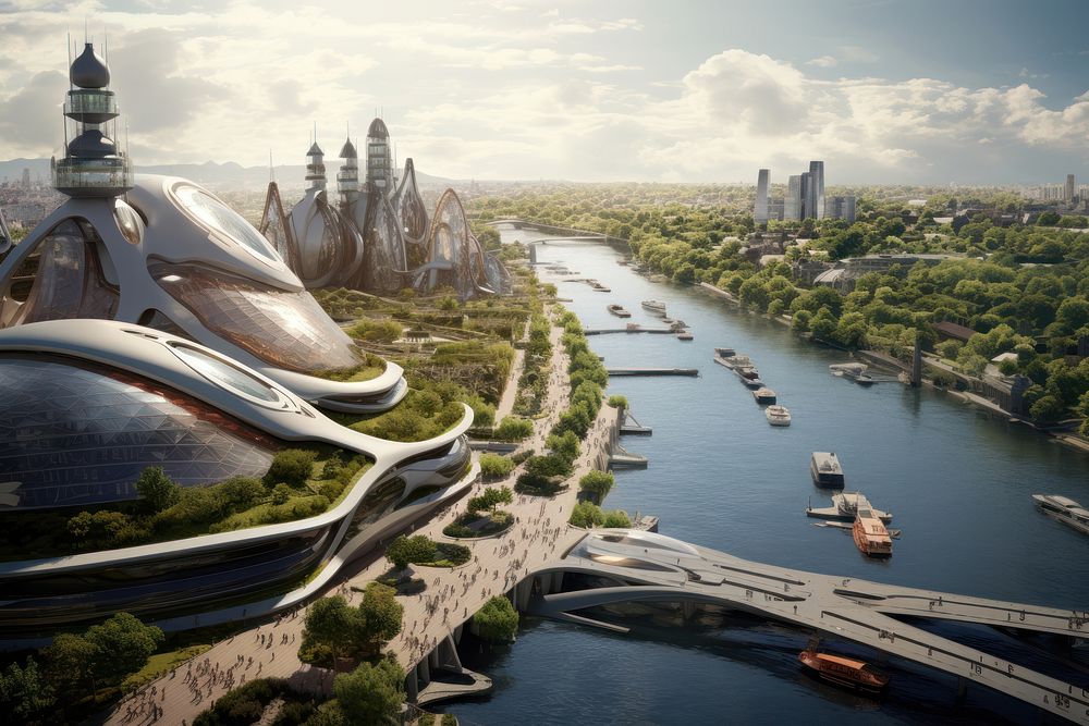 Smart futuristic city river architecture cityscape. AI generated Image by rawpixel.
