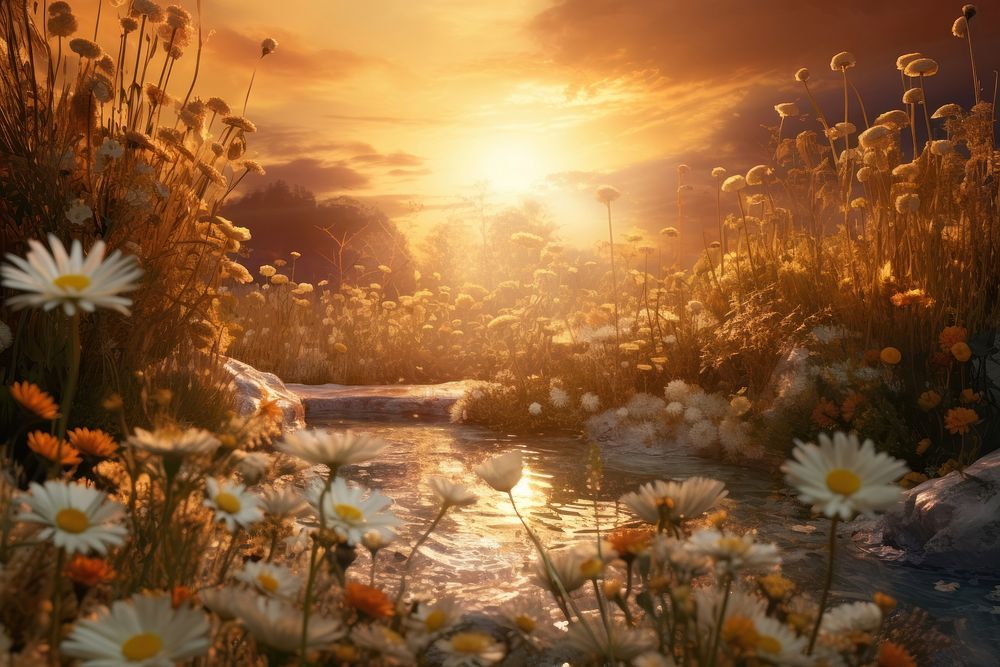 Daisy garden daydream landscape sunlight outdoors. AI generated Image by rawpixel.