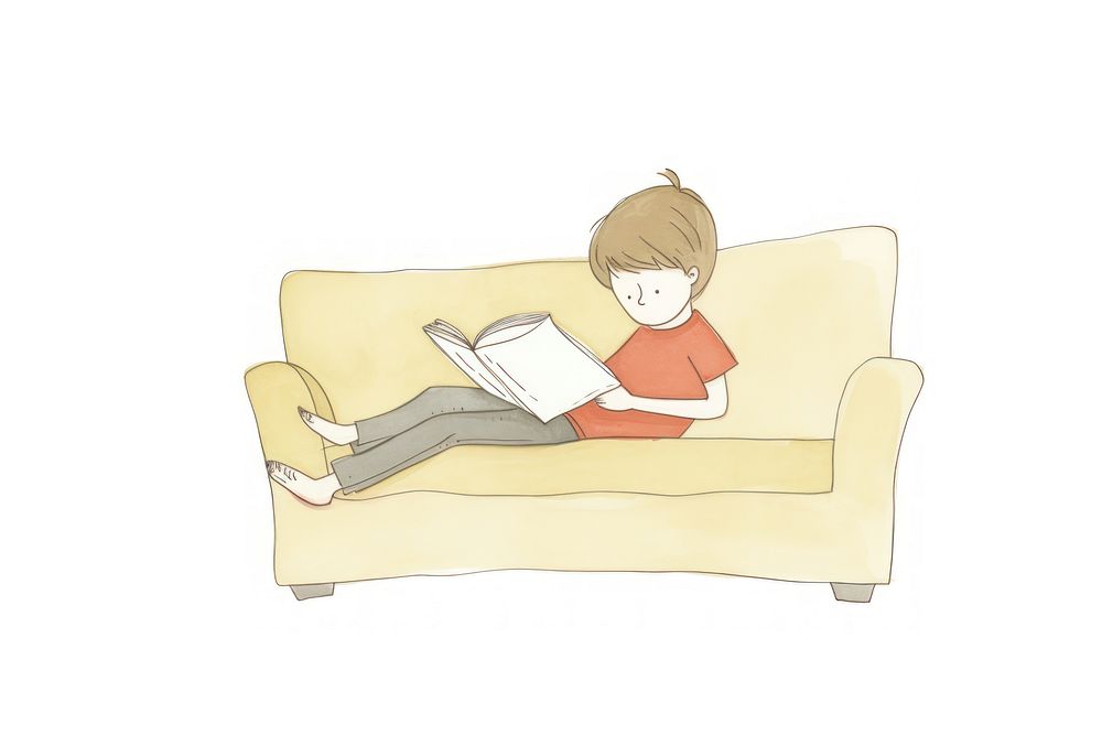 Boy character reading book publication furniture couch. AI generated Image by rawpixel.