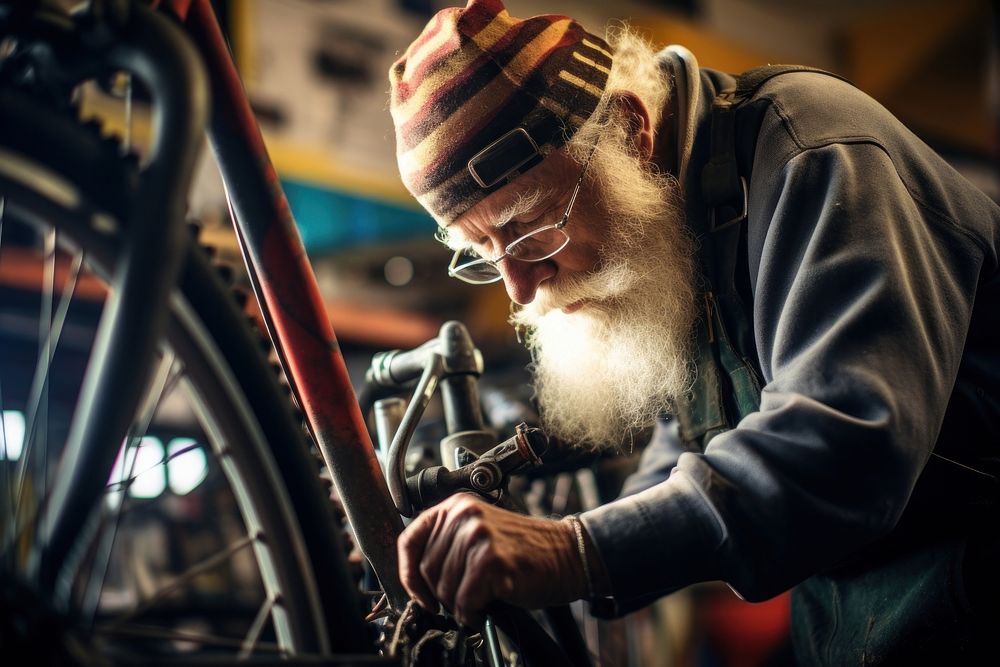 Old Technical expertise man taking care Bicycle Shop bicycle glasses adult. AI generated Image by rawpixel.