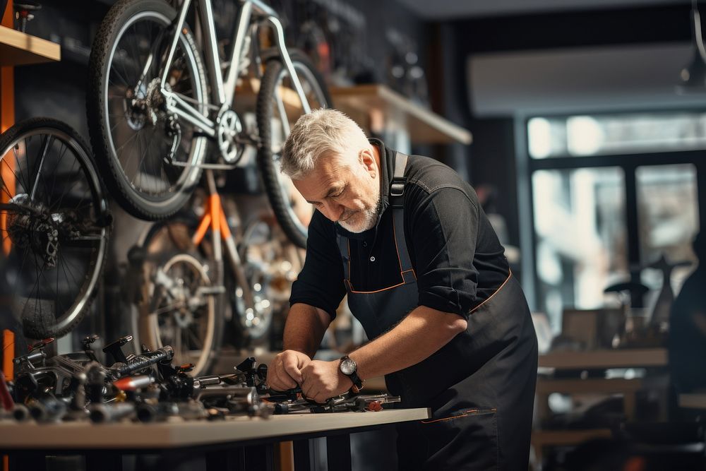 Old Technical expertise man taking care Bicycle Shop bicycle workshop vehicle. AI generated Image by rawpixel.