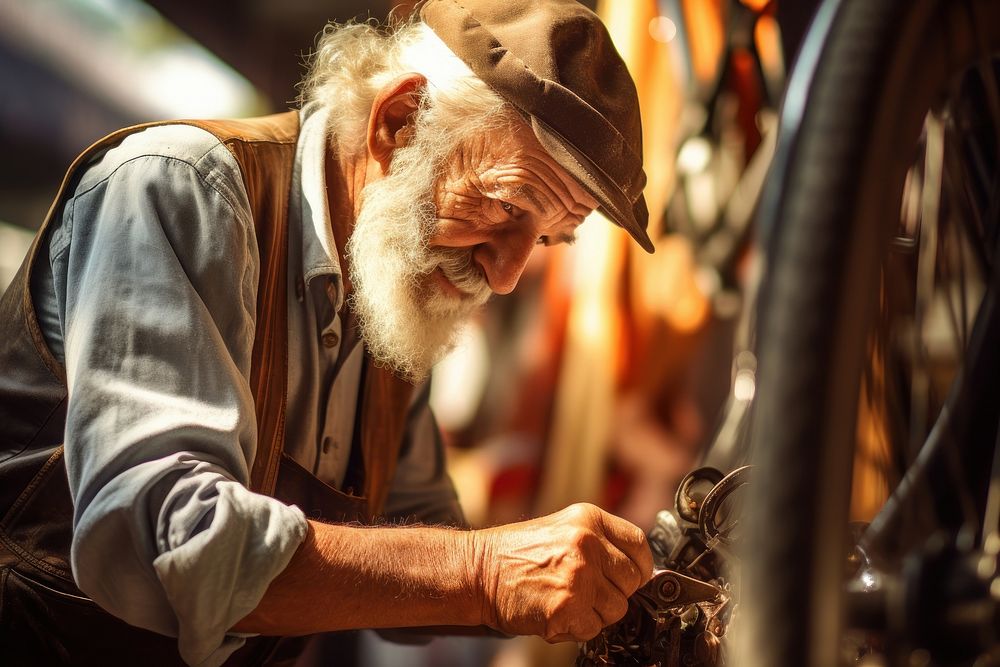 Old Technical expertise man taking care Bicycle Shop adult metalworking headwear. AI generated Image by rawpixel.
