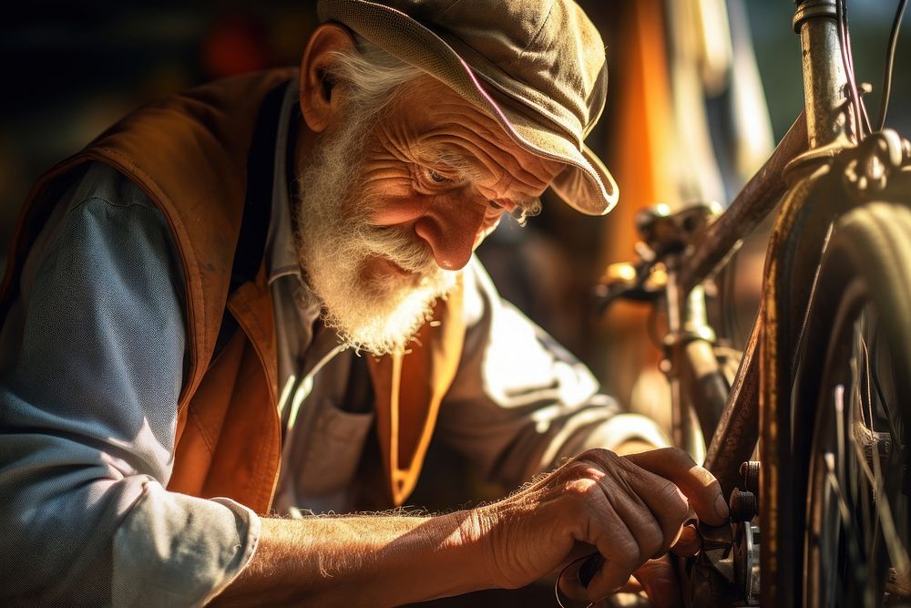 Old Technical expertise man taking care Bicycle Shop bicycle vehicle adult. AI generated Image by rawpixel.