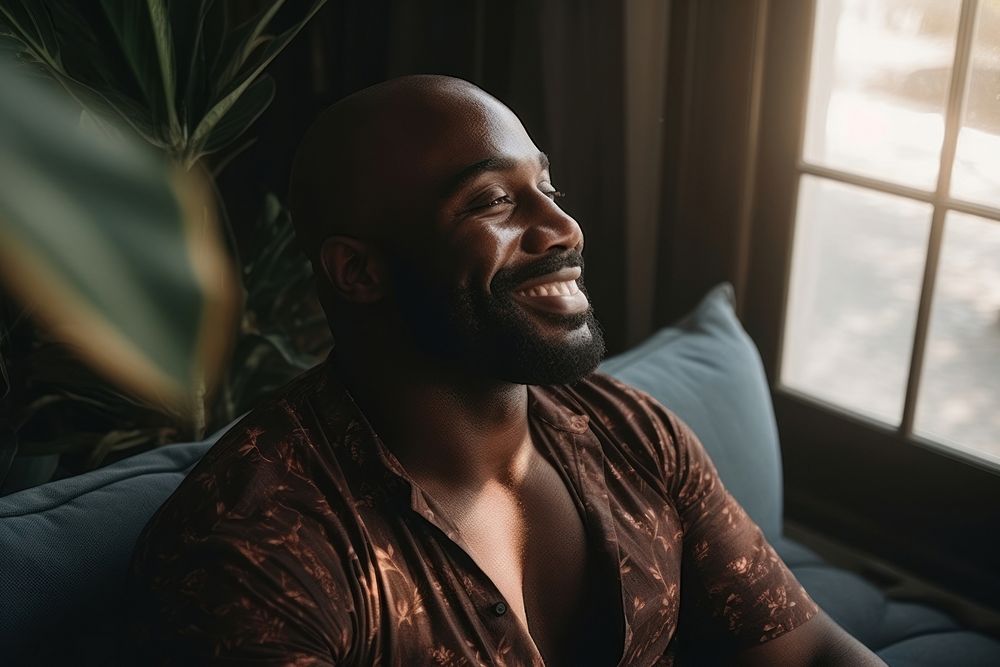 Black man adult smile contemplation. AI generated Image by rawpixel.