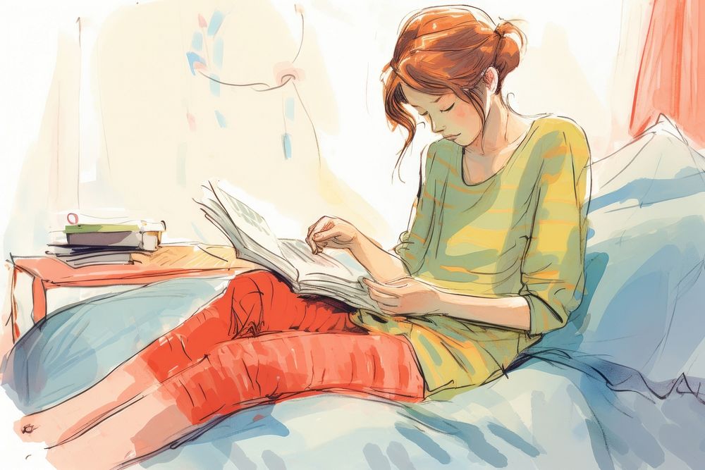 Teenage girl reading book on bed sketch publication drawing. AI generated Image by rawpixel.