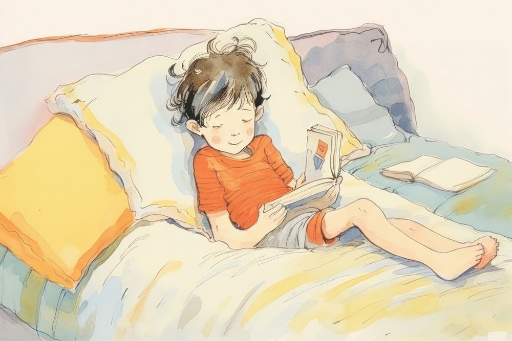 Kid reading book on bed sketch furniture drawing. AI generated Image by rawpixel.