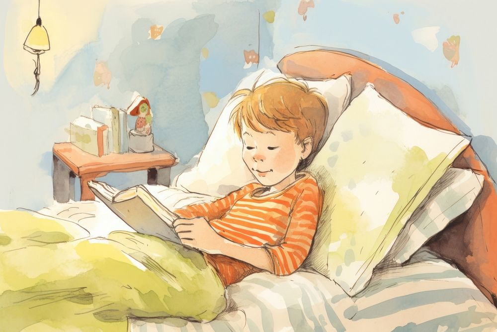 Kid reading book on bed furniture sketch baby. AI generated Image by rawpixel.