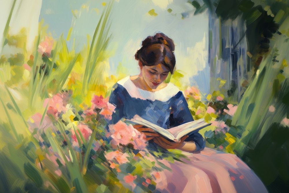 Woman readin book in garden painting reading adult. AI generated Image by rawpixel.