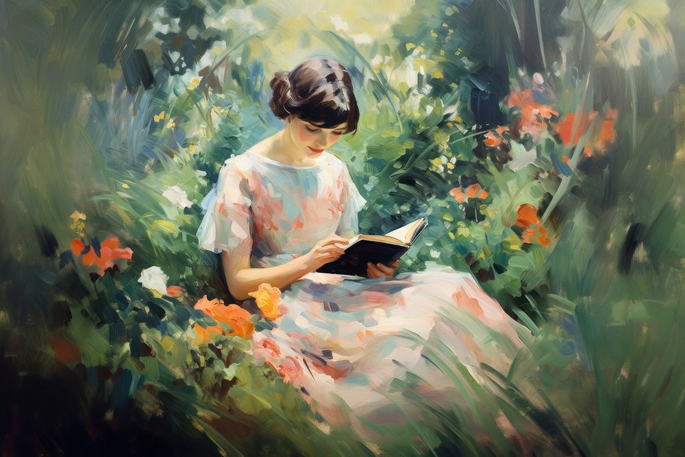 Woman readin book in garden painting outdoors reading. AI generated Image by rawpixel.