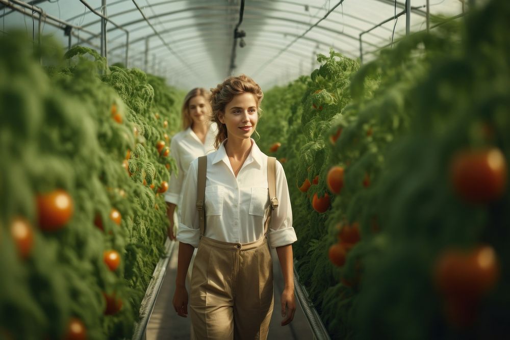 Happy female farmers greenhouse gardening landscape. AI generated Image by rawpixel.