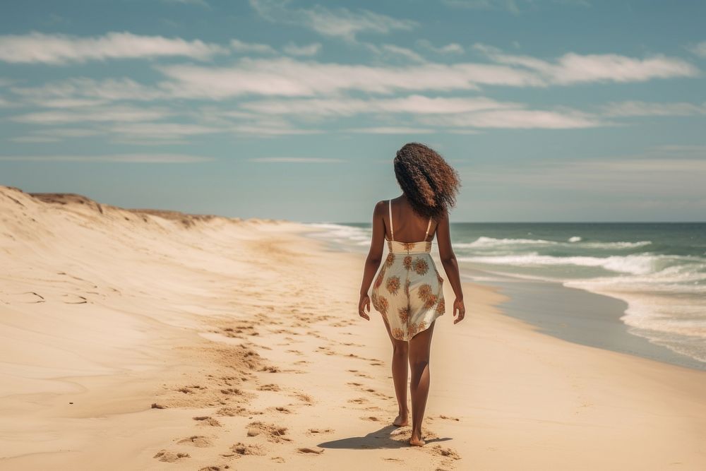 African black woman walking summer beach. AI generated Image by rawpixel.