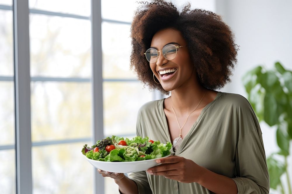 Happy African woman food smile adult. 