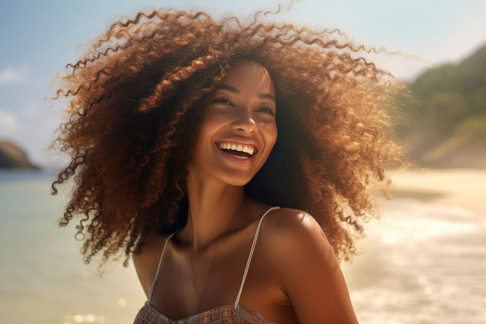 Happy African woman laughing beach smile. AI generated Image by rawpixel.