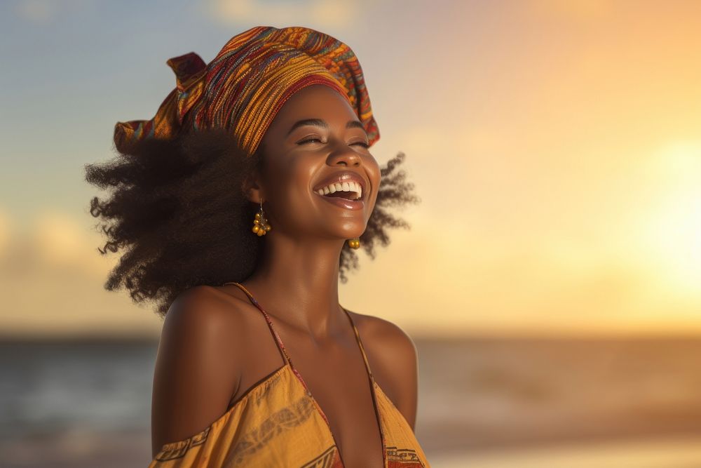 Happy African woman portrait beach smile. AI generated Image by rawpixel.