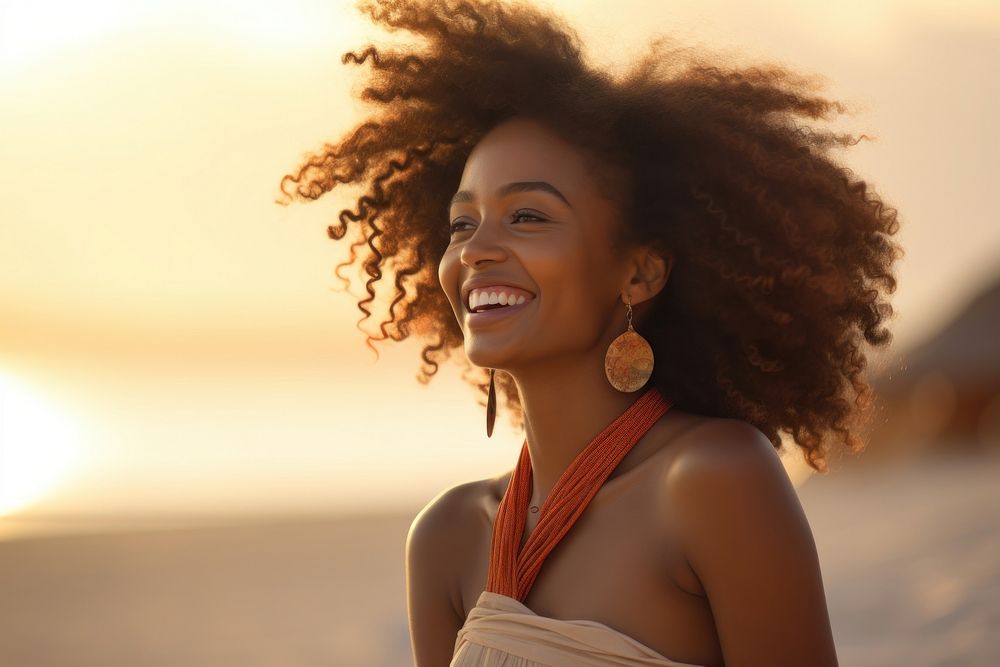Happy African woman beach adult smile. AI generated Image by rawpixel.