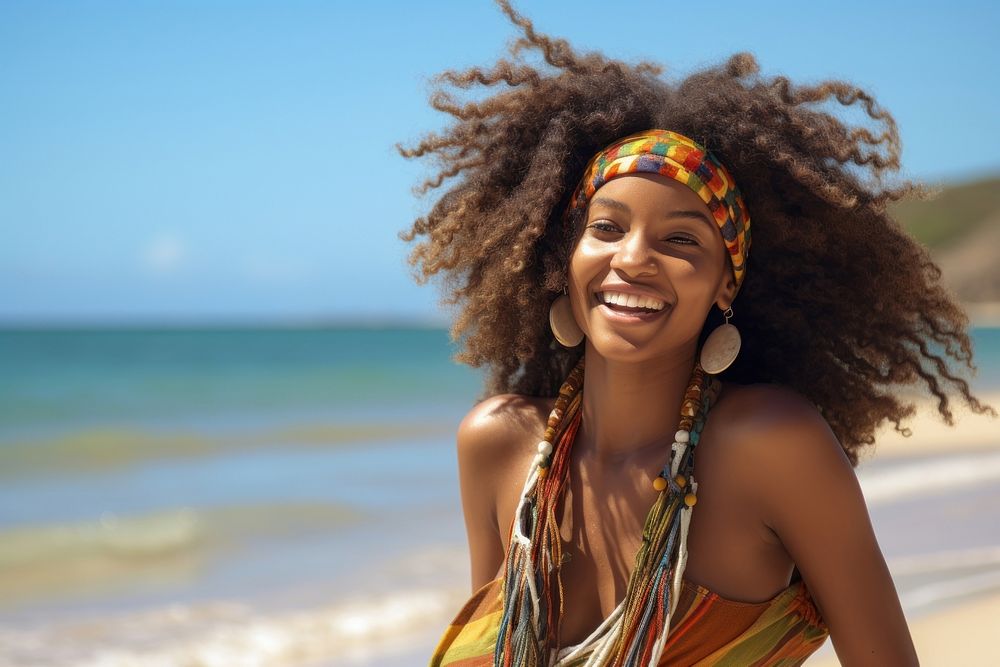 Happy African woman laughing beach smile. AI generated Image by rawpixel.