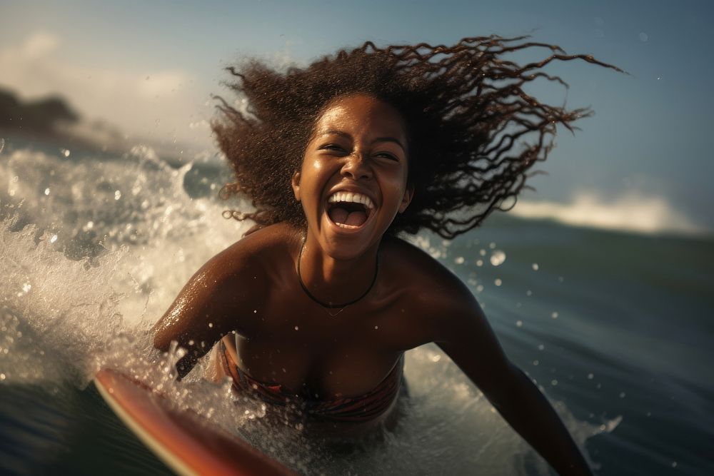 Happy African woman laughing outdoors nature. AI generated Image by rawpixel.