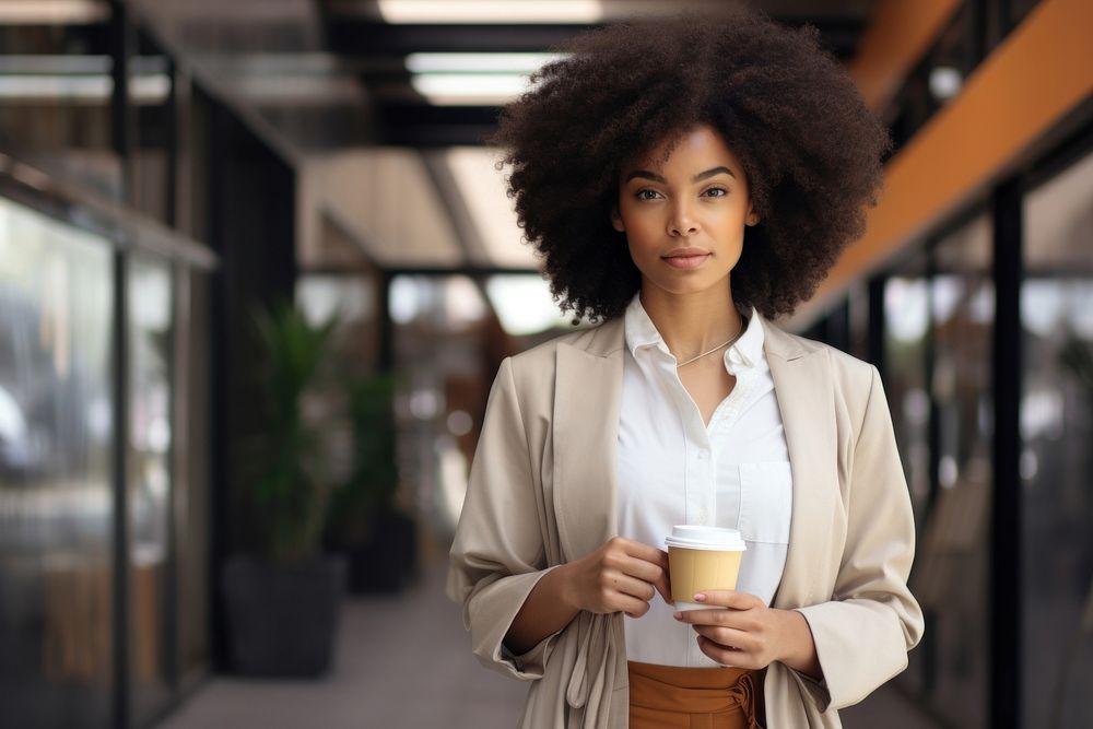 African business woman cup holding walking. AI generated Image by rawpixel.
