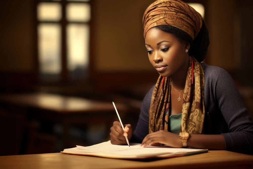 African woman writing reading pen. AI generated Image by rawpixel.