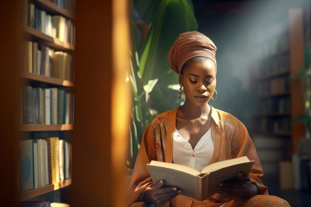 African woman reading library book. AI generated Image by rawpixel.