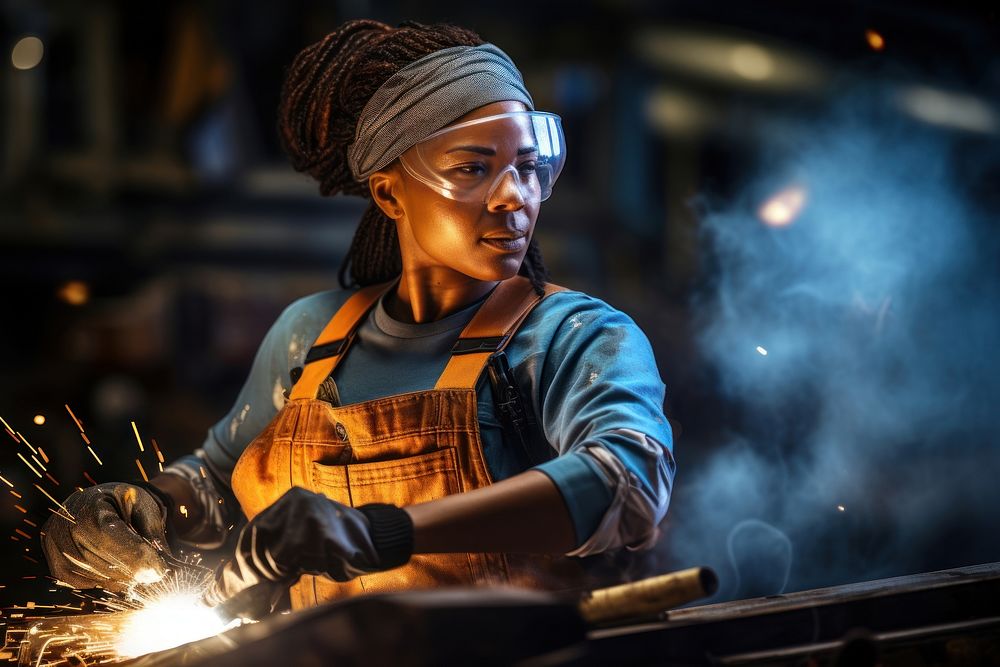 African woman metalworking adult concentration. 