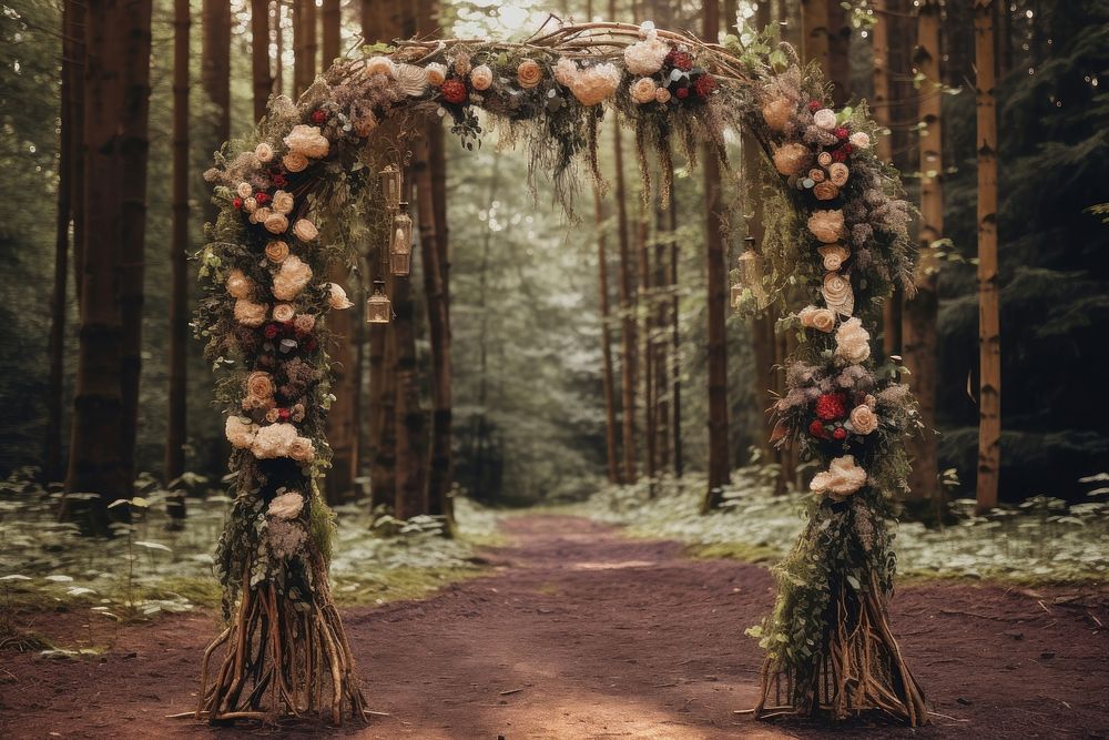 Rustic wooden wedding arch land outdoors woodland. AI generated Image by rawpixel.