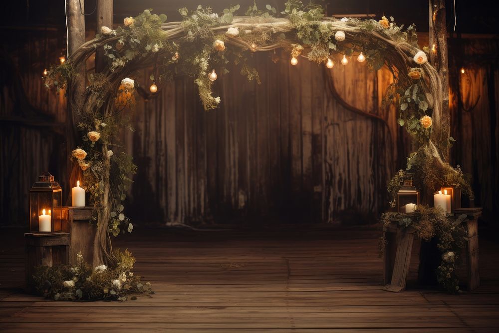 Rustic wooden wedding arch architecture rustic candle. AI generated Image by rawpixel.
