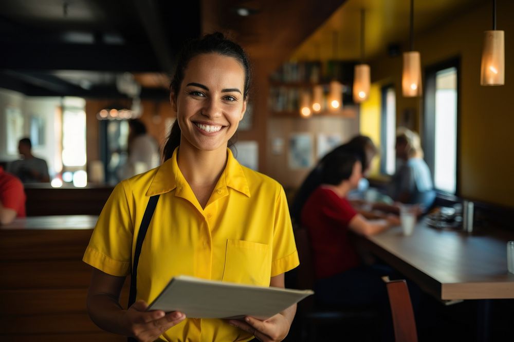 Photo of service woman holding the menu yellow adult entrepreneur. AI generated Image by rawpixel.