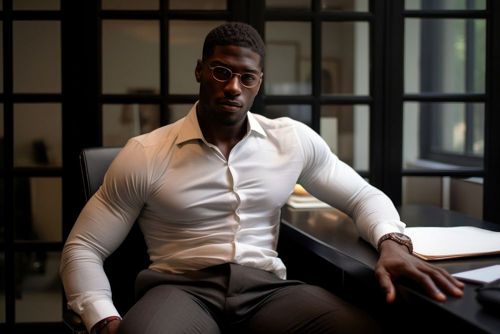 Black man sitting adult bodybuilding. AI generated Image by rawpixel.