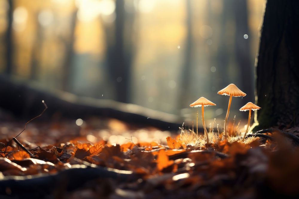 Forrest autumn mushroom sunlight fungus. AI generated Image by rawpixel.