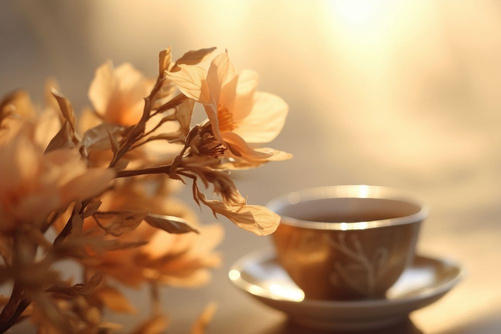 Tea flower blossom morning saucer. AI generated Image by rawpixel.