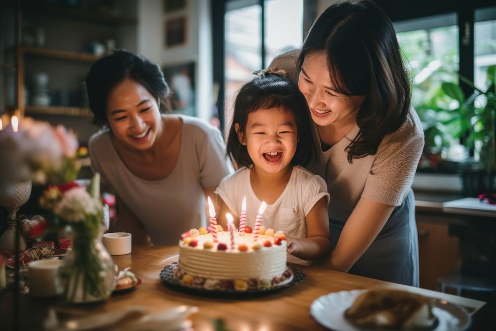 Thai lesbian with kid cake birthday dessert. AI generated Image by rawpixel.