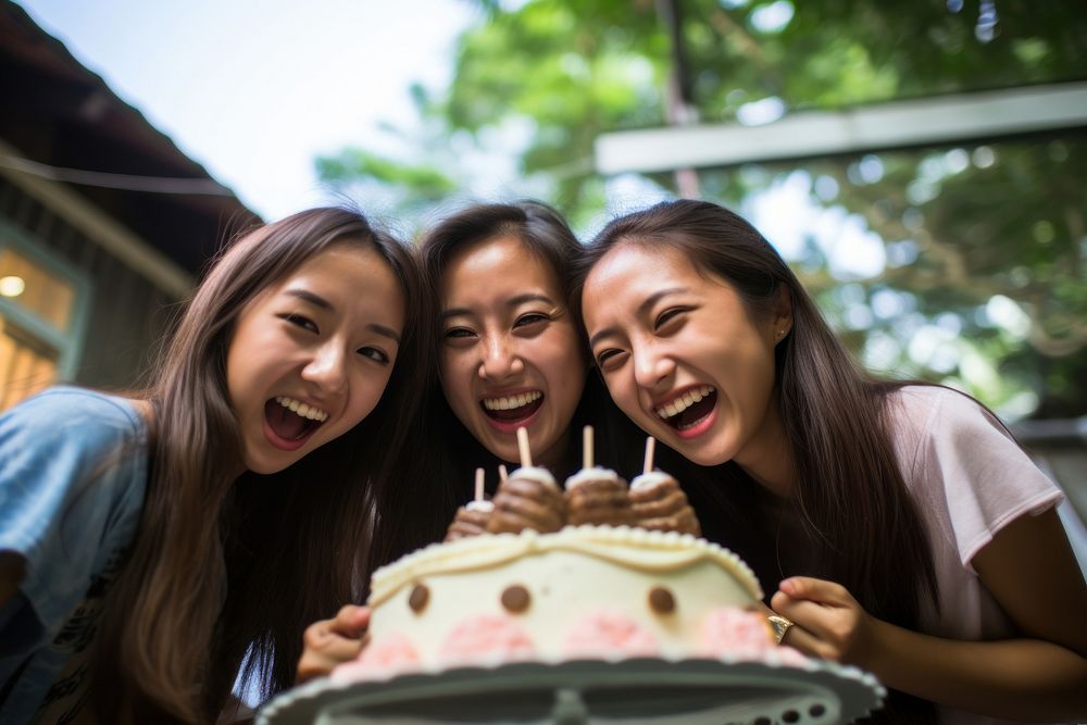 South east asia teenage girl cake birthday laughing. AI generated Image by rawpixel.