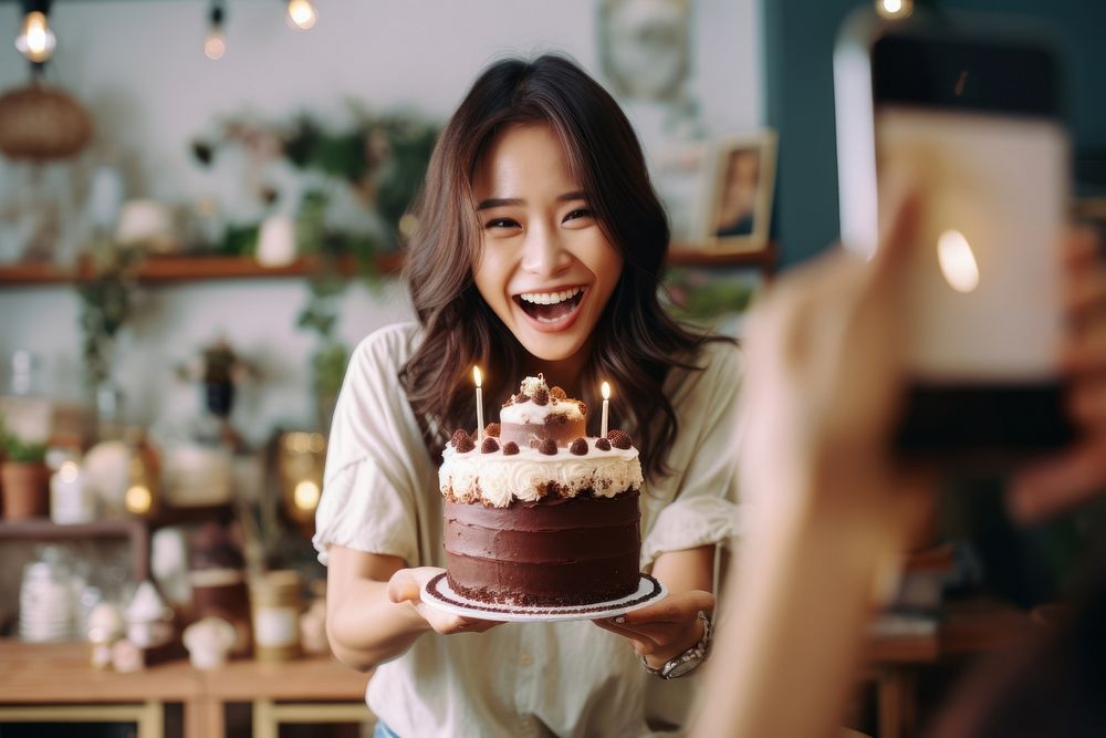 South east asia woman take a photo of her cake camera party fun birthday. AI generated Image by rawpixel.
