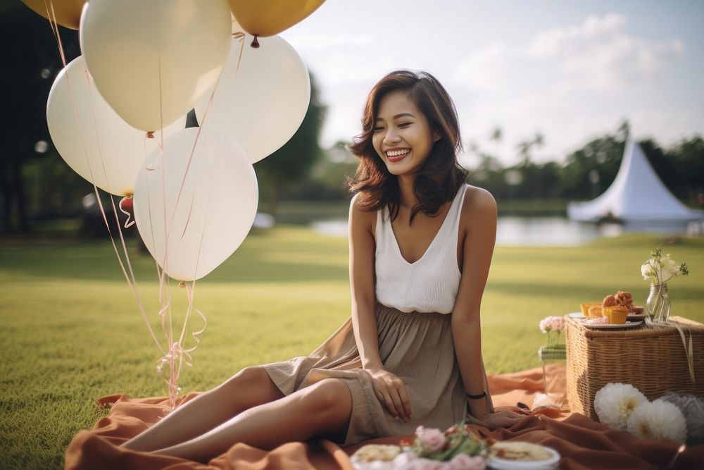 South east asia woman balloon sitting laughing. AI generated Image by rawpixel.