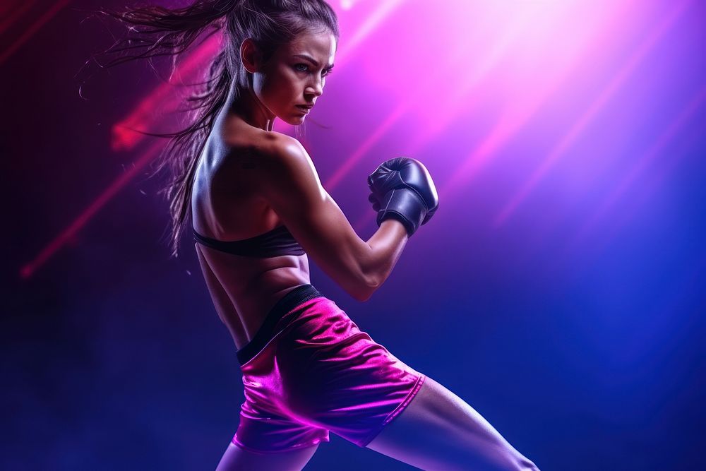 Woman MMA fighter dancing sports purple. AI generated Image by rawpixel.